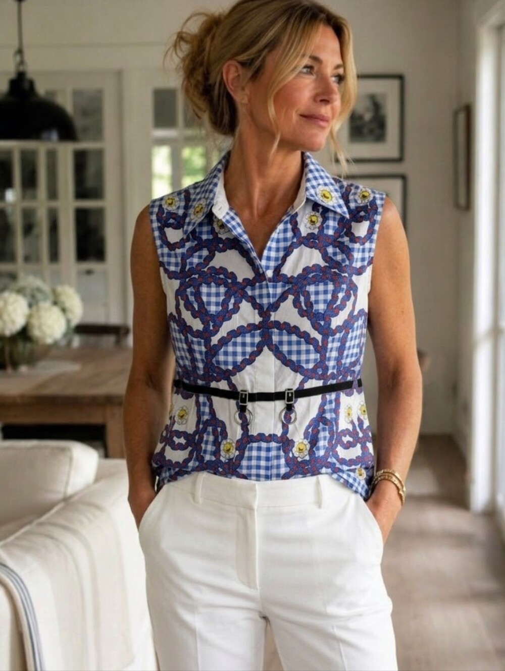 Mary Katrantzou Gingham Rope Knot Print Belted Sleeveless Shirt